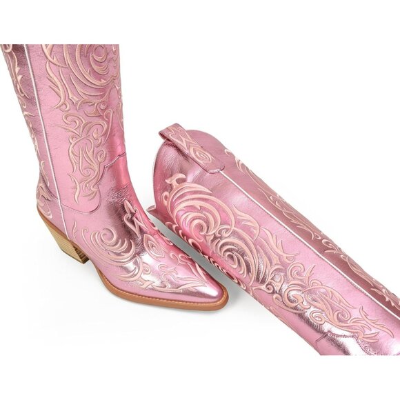 Women Metallic Pink Knee High Pointed Toe Block Heel Western Embroidered Boot - Picture 8 of 8
